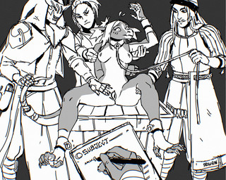 ankle_cuffs anthro bdsm breasts captured clothed clothing collar cuff_(restraint) examination examination_room female genitals group holding_leash holding_object knight laboratory leash machine male male/female petplay restraints roleplay slave specimen spread_vulva spreading submissive tail test_subject vulva warrior wrist_cuffs drawain mythology dragon human humanoid mammal mythological_creature mythological_scalie robot scalie 5:4 black_and_white digital_media_(artwork) hi_res monochrome sketch
