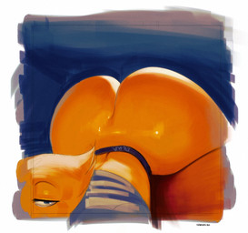 ambiguous_gender ass_up big_butt blue_eyes butt curvy_figure furniture glistening glistening_body glistening_butt glistening_eyes glistening_legs glistening_pseudo_hair glistening_skin glistening_thighs green_background half-closed_eyes huge_butt light looking_at_viewer lying mostly_nude narrowed_eyes not_furry on_front open_mouth orange_body orange_pseudo_hair pear-shaped_figure pseudo_hair rear_view shadow simple_background solo text thick_thighs white_sclera wide_hips sqoon malph alien alien_humanoid humanoid puwa 2026 artist_name colored dated digital_drawing_(artwork) digital_media_(artwork) digital_painting_(artwork) hi_res lighting painting_(artwork) shaded signature