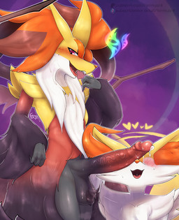 ambiguous_gender anthro ball_tuft balls biped black_body black_fur duo erection fur genitals glans heart_symbol humanoid_genitalia humanoid_penis inner_ear_fluff male male/ambiguous open_mouth open_smile orange_body orange_fur penis pink_eyes pupils red_body red_fur smile standing teeth tongue tuft yellow_body yellow_fur fermusieboir4 nintendo pokemon pokemon_legends_z-a braixen generation_6_pokemon generation_9_pokemon mega_delphox mega_evolution pokemon_(species) absurd_res hi_res