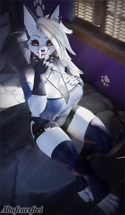 anthro bed big_breasts blinds breasts cleavage clothed clothing collar ear_piercing ear_ring female fingerless_gloves fur furniture gloves grey_hair hair handwear inside legwear on_bed paws piercing pupils red_sclera ring_piercing sitting sitting_on_bed slit_pupils solo spiked_collar spikes tail thick_thighs thigh_highs white_body white_fur wide_hips window altxfeuerfrei dogzeela_(modeler) hellaverse helluva_boss mythology loona_(helluva_boss) canid canid_demon canine demon hellhound mammal mythological_canine mythological_creature 3d_(artwork) digital_media_(artwork) hi_res