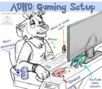 anthro antlers arrow_sign beverage bite biting_lip clothing computer desk electronics energy_drink food furniture half-closed_eyes horn male male_anthro masturbation narrowed_eyes obscured_masturbation onomatopoeia phone pizza shirt sitting solo sound_effects table tank_top text the_truth topwear vape newt_wolfbuck deer mammal english_text hi_res meme sketch url