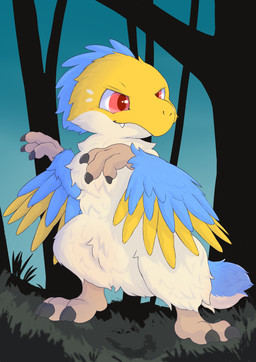 3_toes ambiguous_gender anthro black_claws blue_body blue_feathers claws fangs feathers feet fingers forest grass multicolored_body nature nature_background outside plant red_eyes semi-anthro solo standing tail teeth toe_claws toes tree white_body white_feathers winged_arms wings yellow_body yellow_feathers fusau dinosaur dromaeosaurid feathered_dinosaur feathered_scalie prehistoric_species reptile saurischian scalie theropod 2022 absurd_res hi_res