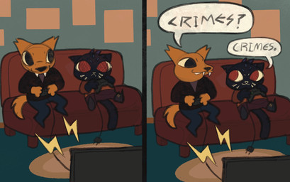3_fingers anthro black_eyes black_nose blue_body blue_fur bottomwear clothed clothing controller dialogue duo electronics fangs female fingers footwear fur furniture game_controller holding_object inside jacket male orange_body orange_fur pants red_eyes shirt shoes sitting slightly_chubby slightly_chubby_anthro slightly_chubby_female sofa tail teeth television text topwear potatocat night_in_the_woods gregg_lee mae_borowski canid canine domestic_cat felid feline felis fox mammal comic english_text hi_res