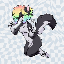 alternative_fashion anthro arm_tuft bedroom_eyes black_pawpads breasts checkered checkered_background crossed_legs elbow_tuft featureless_breasts female fluffy fluffy_tail fur grey_body grey_fur hair half-closed_eyes multicolored_body multicolored_fur multicolored_hair narrowed_eyes pattern_background pawpads paws rainbow_hair scene_(fashion) scene_haircut seductive sharp_teeth simple_background smile smirk smug smug_face smug_grin solo tail teeth tuft two_tone_body two_tone_fur lamekun domestic_cat felid feline felis mammal 1:1 hi_res
