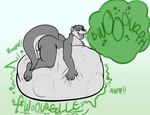 abdominal_bulge anthro belly big_belly big_butt bodily_noises burp_cloud burping butt different_sound_effects fluffy full_stomach fur gradient_background green_clouds green_eyes green_hair green_highlights grey_body grey_fur grey_hair hair hand_on_belly highlights_(coloring) holding_belly holding_stomach huge_belly hyper hyper_abdominal_bulge hyper_belly male male_pred mouth multicolored_body nude onomatopoeia open_mouth oral_vore rumbling_stomach simple_background solo sound_effects tail teeth teeth_showing text thick_thighs tongue two_tone_body vore white_body white_fur cedarott quillott mammal mustelid otter colored digital_media_(artwork) english_text hi_res