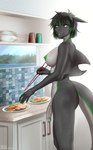 2022 5_fingers anthro areola black_hair blush breasts casual_nudity chopsticks day detailed_background digital_media_(artwork) dksk30 eyebrows eyelashes fin fingers fish flaccid foreskin genitals green_areola green_eyes green_nipples gynomorph hair hi_res holding_object humanoid_genitalia humanoid_penis inside intersex looking_at_viewer marine multicolored_hair nemi nipples non-mammal_breasts nude nude_anthro nude_gynomorph nude_intersex penis shark smile solo standing tail two_tone_hair unretracted_foreskin vein veiny_penis