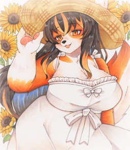 anthro big_breasts black_hair black_nose blonde_highlights blush blush_lines bow_ribbon breasts cleavage clothed clothing dress eyebrow_through_hair eyebrows eyeshadow fangs female flower fluffy fluffy_tail frilly frilly_clothing frilly_dress fur hair hand_holding_object hat headgear headwear highlights_(coloring) huge_breasts kemono long_hair makeup multicolored_tail open_mouth open_smile orange_body orange_eyes orange_fur pawpads pink_eyeshadow plant simple_background slightly_chubby slightly_chubby_anthro slightly_chubby_female smile snout solo straw_hat sunflower tail teeth thin_eyebrows translucent translucent_hair white_background white_body white_clothing white_dress white_fur wide_hips akebi_coffee chunithm chunithm_luminous sega sega_fave inuhiro_mimimi canid canine canis domestic_dog mammal 2026 hi_res portrait three-quarter_portrait