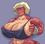 abs anthro big_breasts black_clothing black_topwear blonde_hair bodily_fluids breasts cleavage clothed clothing female hair huge_breasts looking_at_viewer mature_female muscular muscular_anthro muscular_female pink_body pink_skin short_hair simple_background smile solo sweat tail topwear thedarkzircon amphibia_(series) disney fan_character odelia_(thedarkzircon) amphibian newt salamander 2023 digital_media_(artwork) hi_res