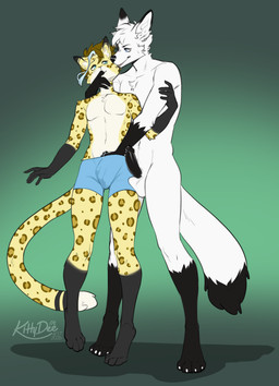anthro anthro_on_anthro balls biped black_markings black_penis claws clothed clothed_anthro clothed_male clothing countershade_torso countershading dipstick_ears dipstick_tail duo ear_markings erection feet fingers front_view fur genitals gloves_(marking) hair humanoid_genitalia humanoid_penis leg_markings male male/male markings multicolored_ears navel nude nude_anthro nude_male penis simple_background smile socks_(marking) spots standing tail tail_markings toes tongue white_body white_fur kittydee baron_(baronvondrachen) tayga canid canine domestic_cat felid feline felis fox mammal 2026 digital_drawing_(artwork) digital_media_(artwork) hi_res