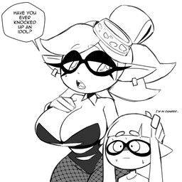 big_breasts bodily_fluids breasts bunny_costume cleavage clothed clothing costume duo ear_piercing eyelashes female female/female fishnet_clothing fishnet_legwear gloves handwear hat headgear headwear impregnation_request legwear lingerie long_eyelashes markings mask mole_(marking) piercing pupils requesting scared simple_background size_difference small_waist speech_bubble star_pupils sweat text thick_thighs unusual_pupils wide_hips nelljoestar nintendo splatoon inkling_girl marie_(splatoon) animal_humanoid aquatic aquatic_humanoid cephalopod cephalopod_humanoid coleoid decapodiform humanoid inkling mollusk mollusk_humanoid squid_humanoid 1:1 2023 english_text hi_res monochrome sketch