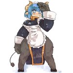 2_horns 2_toes 5_fingers asian_clothing big_breasts blue_eyes blue_hair breasts chinese_clothing chinese_dress claws clothing dress east_asian_clothing fangs feet female fingers fur grey_body grey_fur hair hooves horn humanoid_pointy_ears maid_apron maid_headdress maid_uniform pointy_ears simple_background solo tail tail_tuft taotie_pattern teeth toes tuft uniform white_background wide_hips croixsan asian_mythology chinese_mythology east_asian_mythology futaba_channel mythology nijiura_maids toutetsu-san animal_humanoid bovid bovid_humanoid humanoid mammal mammal_humanoid taotie