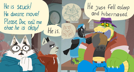anthro bodily_fluids bottomwear clothing dialogue doctor grey_body hat headgear headwear hoodie male medical_instrument overweight overweight_male pants scientific_instrument shirt sitting sweat text topwear vore white_body worried bencomedion beastly_crimes beastly_crimes_(2024) brok_the_investigator cowcat_games badgercat brok_(brok_the_investigator) chief_badger graff_filsh alligator alligatorid avian badger crocodilian domestic_cat felid feline felis mammal mustelid musteline reptile scalie 2026 comic english_text hi_res