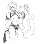 anthro big_tail biped black_clothing black_eyebrows black_harness black_nose black_underwear blue_eyes blue_nipples blue_scar bulge clothing collar dialogue ear_tuft eyebrows fluffy fluffy_tail harness male mastectomy_scar nipples scar simple_background solo sparkles spiked_collar spikes tail tan_sclera tuft underwear white_background white_body derppydog monty_(glitchedskunk) mammal mephitid skunk 2022 portrait sketch three-quarter_portrait trans_(lore) trans_man_(lore)