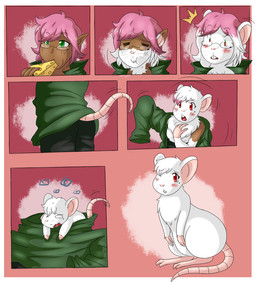 ambiguous_gender blush bodily_fluids buckteeth cheese clothing dairy_products eating eyewear feral food fur glasses growth hair humanoid_pointy_ears humanoid_to_feral looking_at_viewer nude open_mouth pink_hair pointy_ears red_eyes shirt shrinking size_transformation smile solo standing surprised tail tail_growth tears teeth topwear transformation white_body white_fur white_hair ravieel humanoid mammal mouse murid murine rodent 2019 comic