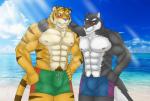 abs anthro arm_around_shoulders athletic beach biceps big_muscles blue_eyes blue_nose blush bottomwear brown_body brown_fur bulge chest_tuft clothed clothing cloud detailed_background duo fangs front_view fur grey_body grey_fur grey_nose grin heterochromia male markings muscular muscular_male nipples outside pecs pose pubes purple_eyes sand sea seaside shorts sky smile standing stripes swimwear tan_body tan_fur teeth topless tuft water white_body white_fur kraidhiel canid canine canis felid mammal pantherine tiger wolf