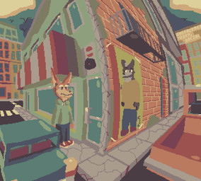 anthro biped blouse blue_bottomwear blue_clothing blue_jeans blue_pants blue_sky bottomwear brick brick_wall building car city cityscape clothed clothed_anthro clothing cloud concrete cracked_wall decay decaying denim denim_bottomwear denim_clothing electronics fire_escape fish_eye_view fisheye_lens fully_clothed fur green_blouse green_clothing headphones jeans light_truck male orange_body orange_fur pants perspective pickup_truck road sidewalk simple_coloring sky solo standing store street_corner toony topwear town truck vehicle wall_(structure) yellow_body yellow_fur garbage_art canid canine canis domestic_dog mammal 2025 digital_media_(artwork) hi_res pixel_(artwork) restricted_palette