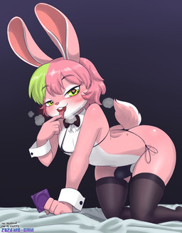 all_fours anthro bikini biped blush clothing femboy genitals legwear male multicolored_body penis pink_body pupils side-tie_bikini smile solo string_bikini swimwear thigh_highs tongue tongue_out two-piece_swimsuit white_body mr-shin lagomorph leporid mammal rabbit hi_res