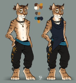 anthro barefoot biped clothed clothing digitigrade dreadlocks feet fully_clothed male smile solo standing topless noviraine nomad_(tasanko) abyssinian_cat domestic_cat eurasian_lynx felid feline felis hybrid lynx mammal spotted_tabby 2019 digital_media_(artwork) model_sheet
