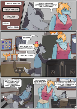alcohol_bottle anthro arm_support award beverage_bottle big_breasts black_body black_fur blue_ribbon bottle bottomwear breasts chair cleavage clothed clothing container desk dialogue door door_sign facial_scar female foot_on_desk footwear fur furniture hair hand_on_hip leaning leaning_backward leaning_on_elbow looking_down male mohawk muscular muscular_anthro muscular_female name_plate nipple_outline office on_chair orange_hair page_number photo ponytail rolling_chair scar shirt shoes shorts sitting sitting_on_chair sneakers speech_bubble table tank_top text topwear torn_clothing torn_sleeves trophy ferrx strays_in_paradise dark_matter_(li'l_melon) omega_snatch_(strays_in_paradise) ambiguous_species aquatic canid canine fish mammal shark absurd_res comic english_text hi_res