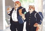 anthro belly bottomwear brown_body brown_fur clothing duo food fur humanoid_hands kemono male male/male outside overweight overweight_male pants shirt tongue tongue_out topwear ryuta-h bear canid canine canis domestic_dog mammal 2020