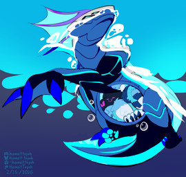 after_vore ambiguous_gender anthro blue_eyes blue_insides blue_light blue_pawpads bubble digestion duo feet feral frill_(anatomy) fur gooey_digestion head_crest head_frill low-angle_view machine male membrane_(anatomy) membranous_tail metallic_body oral_vore pawpads pink_eyes pink_light sea simple_background swimming toes underwater underwater_view underwater_vore vore water webbed_feet white_body white_fur howzit_toyah mythology aquatic aquatic_dragon dragon mythological_creature mythological_scalie protogen robot_feral scalie absurd_res hi_res