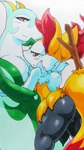 anthro blush breasts butt duo female feral fluffy fluffy_tail looking_at_viewer nipples nude simple_background tail 025aki nintendo pokemon braixen generation_5_pokemon generation_6_pokemon pokemon_(species) serperior hi_res