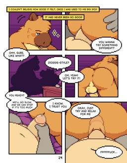 all_fours anal anal_penetration anthro anus balls bed belly blush brown_body brown_fur butt condom cowgirl_position dialogue doggystyle duo erection from_behind_position from_front_position fur furniture genitals humanoid_genitalia humanoid_penis inside internal internal_anal male male/male male_penetrated male_penetrating male_penetrating_male navel nude on_bed on_bottom on_top open_mouth overweight overweight_anthro overweight_male penetration penile penile_penetration penis penis_in_ass presenting presenting_anus safe_sex sex sexual_barrier_device smile speech_bubble text wearing_condom conditional_dnp mabit gabe_(mabit) manny_(mabit) capybara caviid common_hippopotamus hippopotamid mammal rodent 2026 comic digital_media_(artwork) english_text hi_res pixel_(artwork)