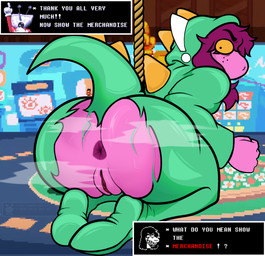 anthro anus big_butt butt censor_bar closed_hands clothing cosplay costume dinosaur_costume electronics female for_a_head freckles genitals hair humor looking_at_viewer musk musky_butt pattern_background purple_anus purple_body purple_hair relieved rope screen screen_face simple_background solo television text torn_clothing vulva wardrobe_malfunction yellow_eyes 1dr_incognito deltarune godzilla_(series) toho undertale_(series) susie_(deltarune) tenna_(deltarune) darkner lightner object_head reptile scalie screen_head tv_head absurd_res english_text hi_res