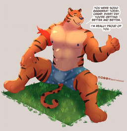 anthro armband athletic athletic_anthro athletic_male barazoku biceps boxers_(clothing) bulge claws clothed clothing dialogue finger_claws gesture grass hand_gesture kerchief male mascot muscular muscular_anthro muscular_male nipples plant sitting smile solo star striped_body stripes teeth_showing text thumbs_up topless topless_male underwear spacecookiewolf frosted_flakes kellogg's tony_the_tiger felid mammal pantherine tiger english_text hi_res