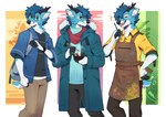 2022 abstract_background anthro apron blue_body blue_fur bottomwear clothed clothing coat deer eyewear fur glasses hi_res horn male mammal mintea multiple_poses pants pose scarf solo standing topwear