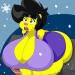 anthro big_breasts big_butt black_hair bottomwear breasts brown_eyes butt clothing female hair huge_breasts huge_butt hyper hyper_butt open_mouth shirt skirt snow snowflake solo surprise surprised_expression topwear yellow_body kuge piku_(kuge) caviid guinea_pig mammal rodent 1:1 hi_res