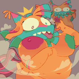 anthro areola belly big_breasts breasts female heterochromia markings mismatched_nipples mouth_closed multicolored_markings musk nipples orange_body overweight pinata simple_background solo squigglevision tongue tongue_out ddbsandstormm blushcrunch_studio dandy's_world roblox yatta_(dandy's_world) animate_inanimate living_pinata animated