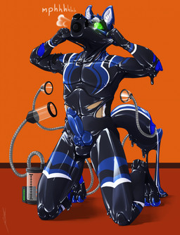 animal_genitalia animal_penis anthro balls black_body blue_body canine_genitalia canine_penis drone dronesuit dronification erection gas_mask genitals glistening glistening_body green_eyes kneeling knot knotted_penis latex latex_body latex_transformation male mask multicolored_body orange_background penis simple_background solo takeover transformation white_body lowrider-girl canid canine canis goo_creature living_latex mammal wolf hi_res