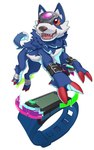 belt blue_body blue_fur claws curled_tail digivice feral forehead_gem fur gem male neck_tuft red_eyes sharp_teeth smile tail teeth tuft liecomj bandai_namco digimon canid canine digimon_(species) loogamon mammal hi_res