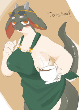 4_fingers anthro apron apron_only beverage big_breasts blush blush_stickers breasts claws cleavage clothed clothing coffee coffee_cup container cup ear_piercing ear_ring eyebrows eyelashes eyewear eyewear_on_head female finger_claws fingers green_apron green_clothing grey_body hairless half-closed_eyes horn looking_at_viewer multicolored_body narrowed_eyes open_mouth orange_eyes piercing ring_piercing side_boob simple_background smile snout solo sunglasses sunglasses_on_head tail tan_body text thick_tail thick_thighs three-quarter_view two_tone_body white_eyebrows akchi mythology latte_(sme4) dragon mythological_creature mythological_scalie scalie english_text hi_res portrait three-quarter_portrait