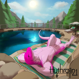 animal_genitalia anthro athletic athletic_anthro athletic_male day detailed_background genital_slit genitals hands_behind_head looking_at_viewer lying male navel nude on_back outside poolside solo sunbathing tattoo water hythrojin lizard reptile scalie 1:1 2021 hi_res
