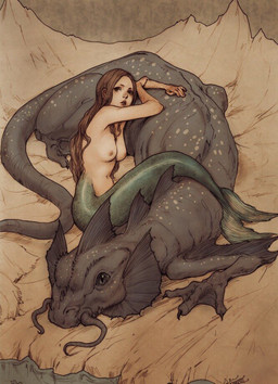 5_fingers ambiguous_gender bare_shoulders breasts brown_hair claws duo feet female feral fin fingers fish_tail green_body green_scales green_tail hair head_fin human_torso legless long_hair looking_at_viewer lying lying_on_another membrane_(anatomy) mermaid_tail navel nipples nude nude_female on_front open_mouth scales split_form tail tail_fin toes webbed_feet jasmin_darnell aquatic cryptid humanoid_merfolk merfolk monster sea_monster