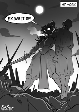 anthro bald biped breasts clothed clothing dialogue female footwear group holding_object holding_weapon horn melee_weapon non-mammal_breasts nude outside shoes speech_bubble sword text thick_thighs weapon pink_prawn blizz_(pink_prawn) scalie absurd_res hi_res