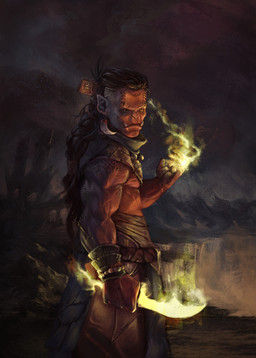 5_fingers barbell_piercing black_hair black_hair_tie black_sclera bottomwear brown_bottomwear brown_clothing brown_pants brown_sash brown_shawl brown_wristband clothing cloud cloudy_sky fingers hair humanoid_pointy_ears light long_hair magic magic_user male male_humanoid muscular muscular_humanoid muscular_male orange_eyes outside pants pecs piercing pointy_ears red_body red_skin rock sky solo standing tusks michele_marchionne humanoid orc 2020 absurd_res adobe_photoshop_(artwork) colored digital_media_(artwork) digital_painting_(artwork) english_description hi_res lighting painting_(artwork) portrait shaded three-quarter_portrait