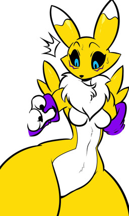 3_fingers anthro armwear armwear_only black_sclera blue_eyes bottom_heavy breasts claws clothing countershading dipstick_ears ear_markings featureless_breasts featureless_crotch female female_anthro finger_claws fingers front_view fur huge_hips huge_thighs medium_breasts mostly_nude multicolored_body multicolored_ears multicolored_fur neck_tuft purple_armwear purple_clothing simple_background small_breasts small_waist solo thick_thighs tuft white_background white_body white_countershading white_fur wide_hipped_anthro wide_hipped_female wide_hips yellow_body yellow_fur squeezysquisher bandai_namco digimon canid digimon_(species) mammal renamon 2026 3:5 hi_res portrait three-quarter_portrait unfinished