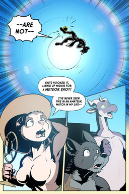 anthro breasts bright_light clothed clothing dialogue electronics female hat headgear headwear horn lens_flare looking_up microphone midair open_mouth scar shocked sky solo sport sun surprised teeth text tongue topless volleyball white_light wide_eyed rick_griffin mythology bastion_(rick_griffin) dari_(rick_griffin) ideka orodachi canid canine canis dragon mammal mouse murid murine mythological_creature mythological_scalie rodent scalie wolf 2024 2:3 comic english_text hi_res