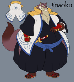 anthro brown_body brown_fur clothed clothing ear_piercing ear_ring eye_patch eyewear footwear fur male overweight paws piercing ring_piercing samurai scar simple_background solo tail warrior megacoolbear canid canine fox mammal hi_res