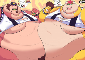 anthro beard belly big_belly bracelet brown_body burger clothing duo facial_hair feeding food hat headgear headwear huge_belly hyper hyper_belly jewelry male male/male morbidly_obese morbidly_obese_anthro morbidly_obese_male muscular obese obese_anthro obese_male overweight overweight_anthro overweight_male pubes red_eyes simple_background torn_clothing yellow_body kofuhowlfy bowser's_inside_story mario_and_luigi_(series) mario_bros nintendo bowser kofu_(kofuhowlfy) boo_(mario) ghost koopa mammal reptile scalie spirit