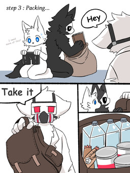 anthro backpack black_body black_fur blue_eyes bottle bottomwear clothed clothing coat container food fur gas_mask group lab_coat male mask red_eyes shorts simple_background sleeping symbol text topwear white_body white_fur fchicken changed_(video_game) dr._k_(changed) lin_(changed) puro_(changed) canid canine canis dark_latex mammal wolf 2019 3:4