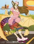 anthro beverage black_hair blue_eyes breasts brown_hair burger carhop clothing fangs female food fries fur hair hat headgear headwear horn looking_at_viewer medium_breasts membrane_(anatomy) membranous_wings multicolored_body multicolored_fur pink_nose quad_skates rainbow_body rainbow_fur roller_skates sabertooth_(anatomy) skating smile solo sparklefur stripes tail teeth waiter wings lady_snakebite mythology chazore dragon felid furred_dragon furred_scalie hybrid mammal mythological_creature mythological_scalie pantherine scalie tiger 2012