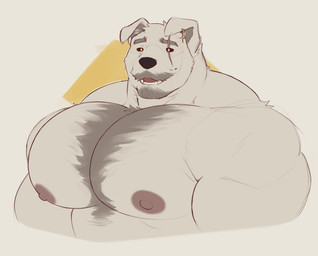 anthro areola barazoku beard biceps big_muscles big_pecs black_nose black_sclera body_hair button_ears chest_hair deltoids ear_piercing eye_scar eyebrows facial_hair facial_scar floppy_ears fur gold_ear_piercing gold_ear_ring gold_piercing grey_beard grey_body grey_eyebrows grey_facial_hair grey_fur grey_inner_ear grey_mustache huge_muscles huge_pecs looking_at_viewer male male_anthro multicolored_body multicolored_fur muscular muscular_anthro muscular_male mustache nipples nude nude_anthro nude_male open_mouth open_smile pecs piercing pink_areola pink_nipples pink_tongue scar simple_background smile smiling_at_viewer solo teeth three-quarter_view tongue trapezius two_tone_body two_tone_fur white_body white_fur yellow_eyes theor canid canine canis domestic_dog mammal digital_drawing_(artwork) digital_media_(artwork) flat_colors half-length_portrait hi_res portrait