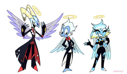alternate_costume back_wings blue_body blue_eyes blue_feathers blue_skin bottomwear bow_tie clothing feathered_wings feathers female group halo horn male pants simple_background smile standing suit torn_bottomwear torn_clothing torn_pants trio wings emositecc hellaverse helluva_boss blitzo_(helluva_boss) millie_(helluva_boss) moxxie_(helluva_boss) angel angel_humanoid humanoid colored hi_res