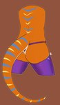 ambiguous_form ambiguous_gender blue_markings brown_background butt clothing faceless_ambiguous faceless_character latex latex_clothing latex_legwear latex_panties latex_underwear legwear markings orange_body orange_tail panties purple_clothing purple_legwear purple_panties purple_underwear rear_view simple_background solo striped_back striped_markings striped_tail stripes tail tail_markings underwear yellow_markings famir hi_res