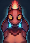 anthro areola breasts brown_body brown_fur curved_horn ears_down female fire fire_halo fur glowing glowing_eyes horn looking_at_viewer nipples pivoted_ears possession solo wide_eyed diadorin harbinger_(diadorin) bovid caprine caprine_demon demon goat goat_demon mammal 2022 hi_res