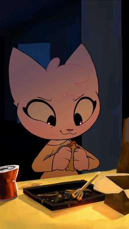 anthro bedroom_eyes blue_hair breasts cookie dinner disappointed duo female food fortune_cookie fur hair head_tuft lying male male/female massage music narrowed_eyes on_front pawpads pink_body pink_fur pink_hair purple_eyes seductive smile smirk text tuft epicwolfchillli sound_warning epic_and_jana epic_(epic_and_jana) jana_(epic_and_jana) canid canine canis domestic_cat felid feline felis mammal wolf 9:16 animated hi_res short_playtime sound webm